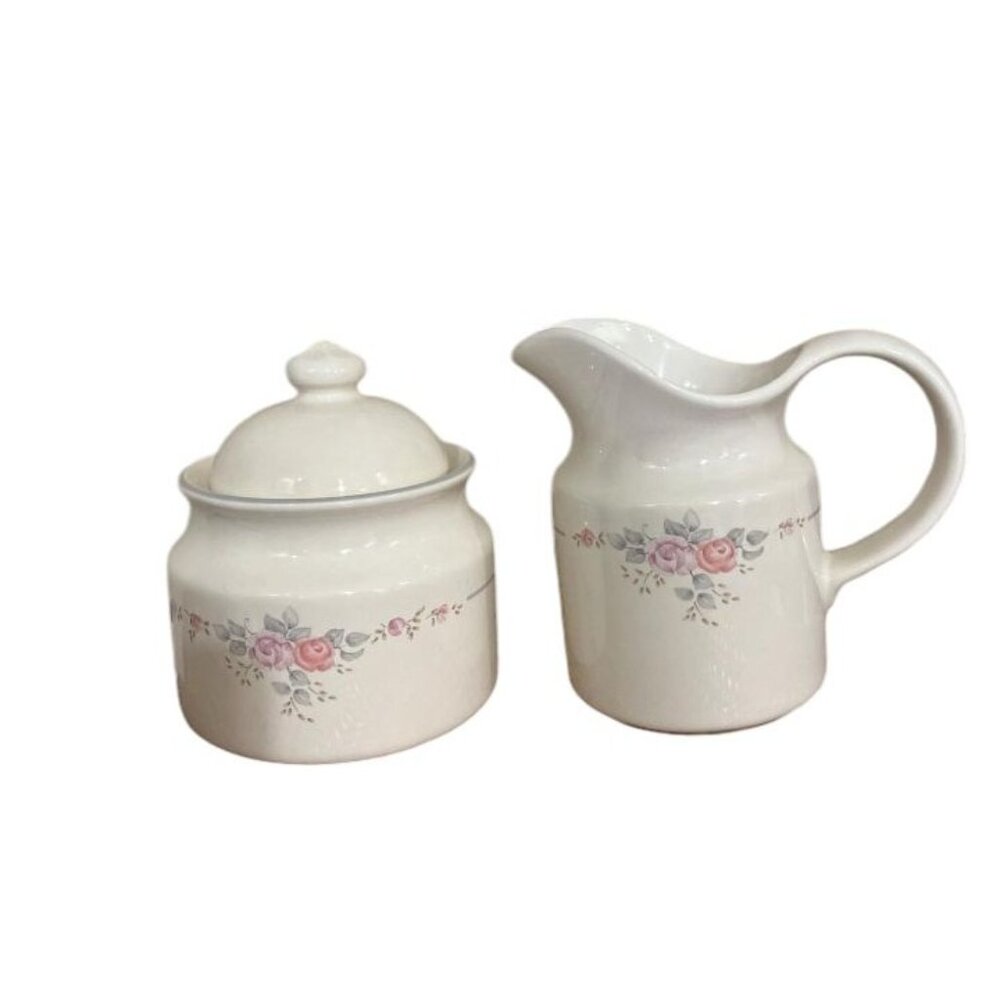 Pfaltzgraff Trousseau Ivory Pink & Purple Rose Decor Gray Band Sugar Bowl & Lid
